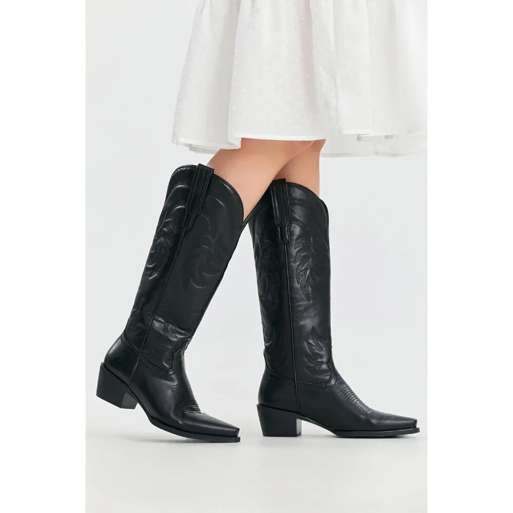 Women Pu Midnight Black Knee High Pointed Toe Block Heel Cowboy Western Boots - Picture 6 of 9